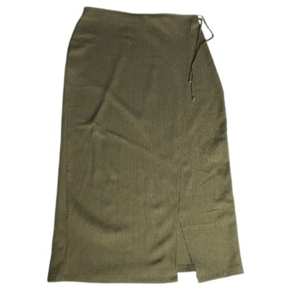 H&M Womens Olive Green Midi Wrap Skirt Size M Ribbed Tie Side Slit Stretch